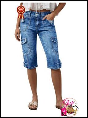 Mid Rise Straight Leg Capri Cargo Jeans Casual Stretch Denim